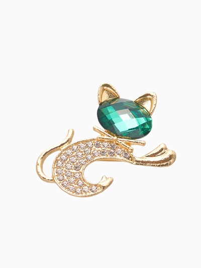 Брошь «Кошечка» с бантом, изумрудно-белая в золоте