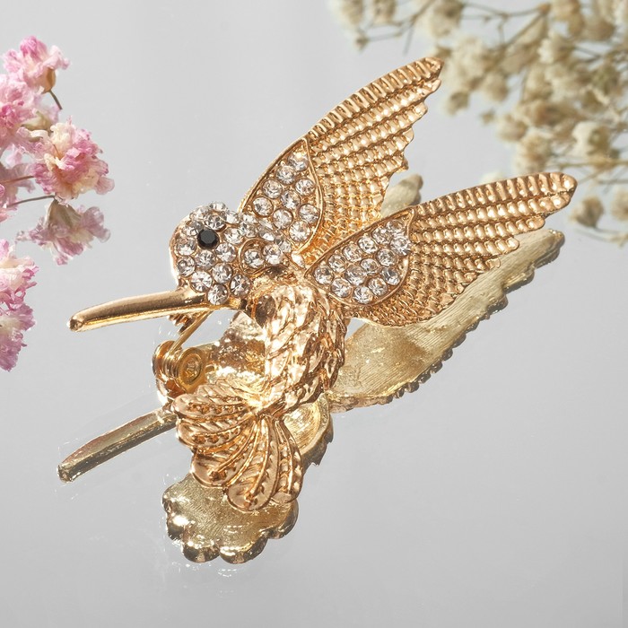 Брошь "Птица" колибри, цвет белый в золоте - Фото 1