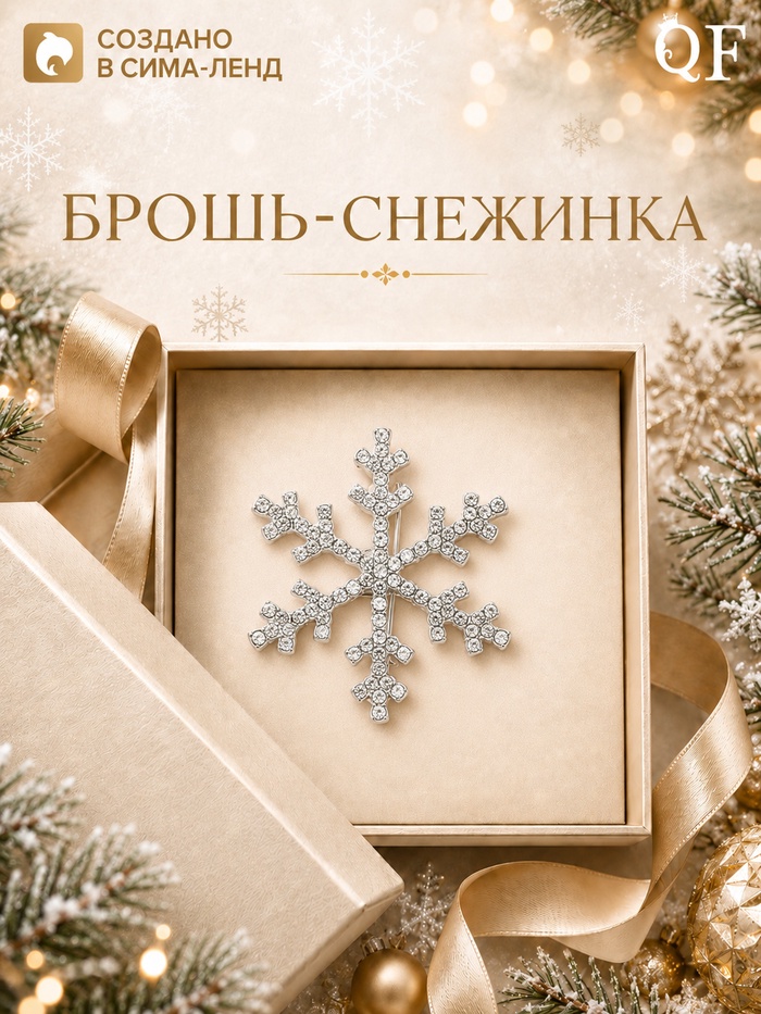 Брошь новогодняя «Снежинка», белая в серебре - Фото 1