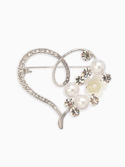 Брошь «Сердце» жемчужное, цвет белый в серебре