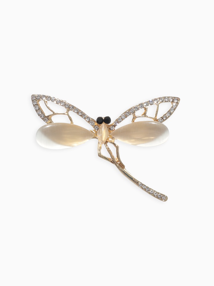 Брошь «Стрекоза» порхающая, бежевая в золоте - Фото 1