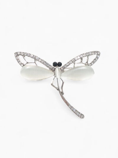 Брошь «Стрекоза» порхающая, белая в серебре