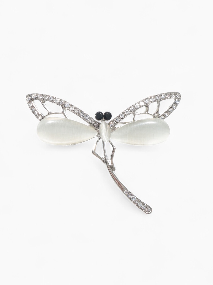 Брошь «Стрекоза» порхающая, белая в серебре - Фото 1