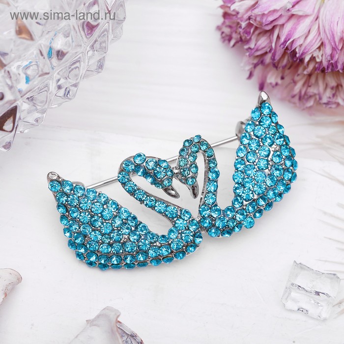 Брошь «Лебеди» пара, цвет голубой в серебре - Фото 1