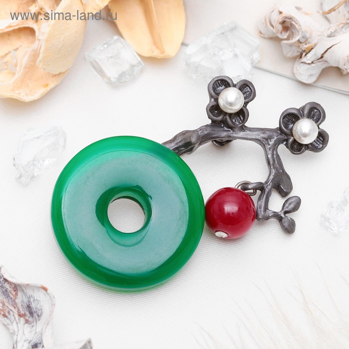 Брошь «Ветвь» яблони, цвет зелёно-бордовый в чернёном серебре - Фото 1