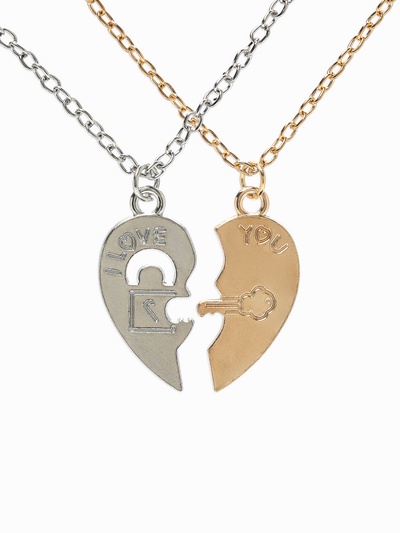 Кулоны парные на цепочке «Неразлучники. Половинки сердец, ключ и замок», L=45 см, набор 2 шт. цвет серебро, золото