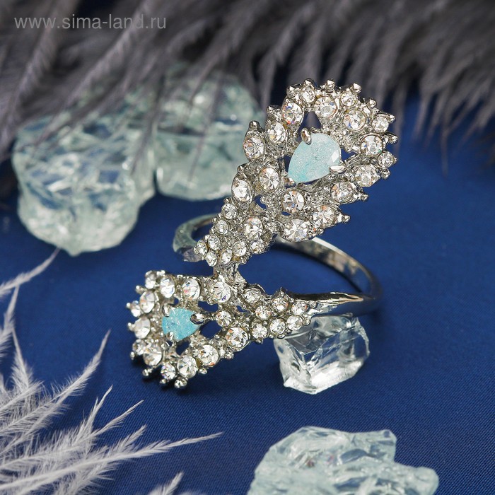 Кольцо "Циркон" перо павлина, цвет бело-голубой в серебре, размер 17,18,19 МИКС - Фото 1