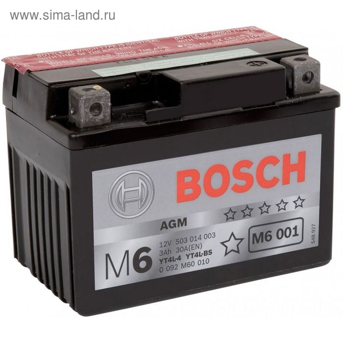Аккумуляторная батарея Bosch 3 Ач M6 AGM 503 014 003 (YT4L-BS) - Фото 1