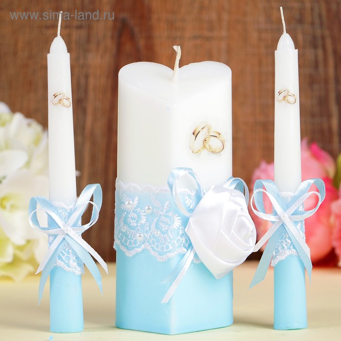 Набор свечей "Атласная роза", голубой : Домашний очаг 15см, Родительские свечи 17.5см - Фото 1