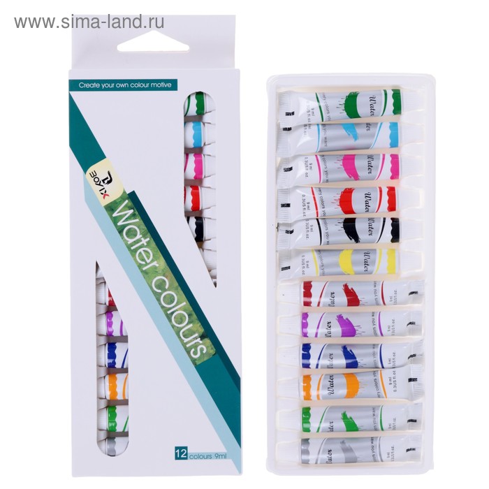 Краски акварельные, 12 цветов, в пластиковой тубе, 9 мл, в картонной коробке - Фото 1