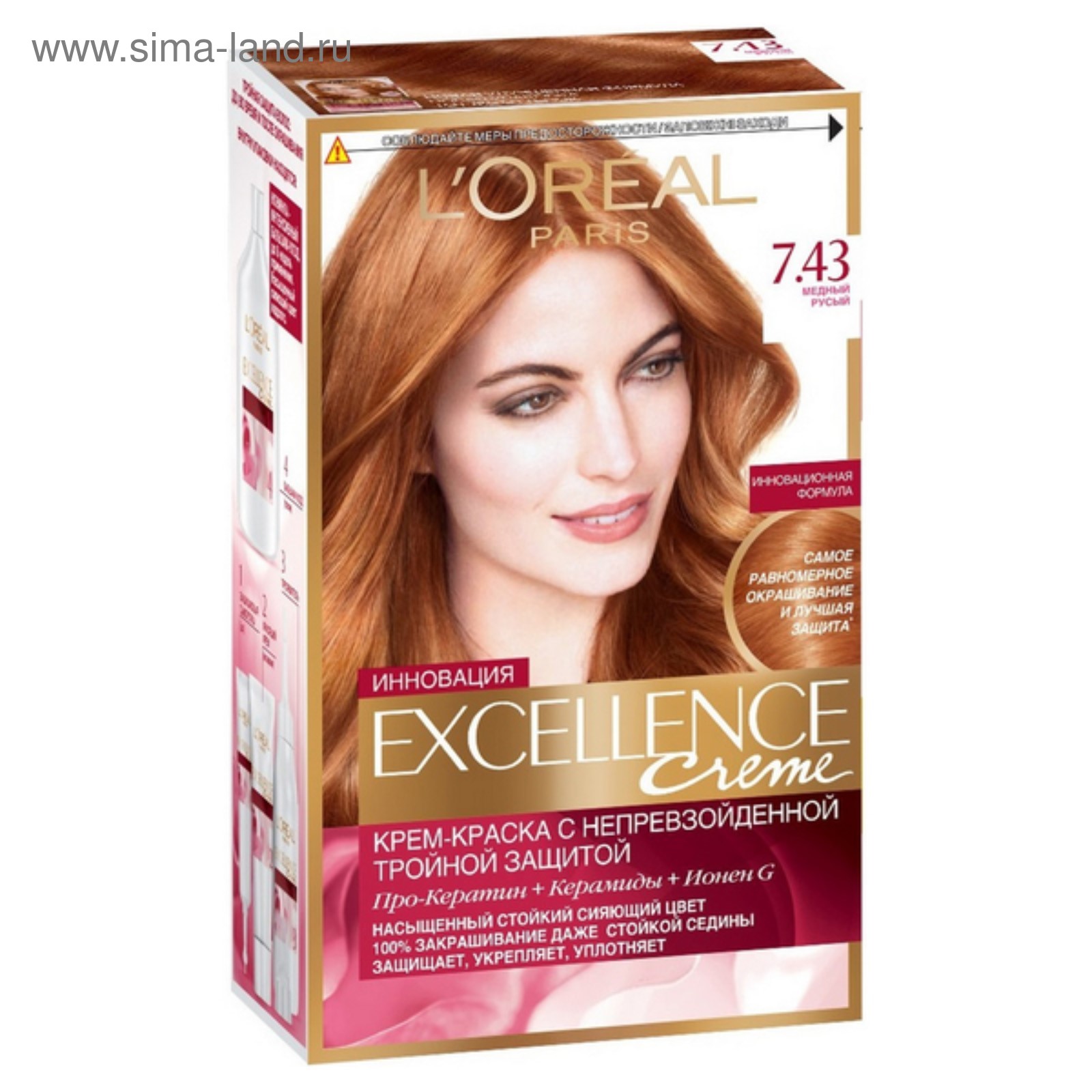 Крем-краска для волос L&apos;Oreal Excellence Creme, тон 7.43 <b>медный</b> русый.