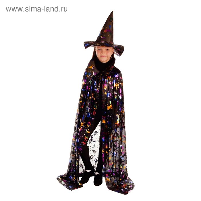 Карнавальный костюм "Ведьмы, мыши, тыквы", плащ, шляпа, цветной рисунок на чёрном, длина 85 см - Фото 1