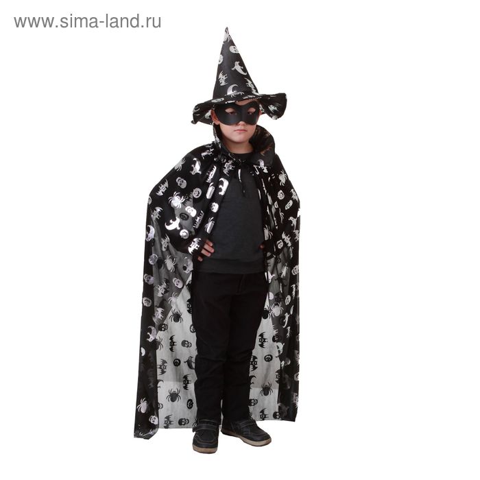 Карнавальный костюм "Летучие мыши, пауки, черепа", шляпа, плащ, серебро на чёрном, длина 120 см - Фото 1