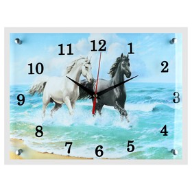 Часы-картина настенные, серия: Животный мир, "Лошади в море", 30х40 см