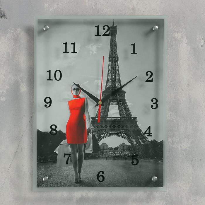 Часы настенные, серия: Город, "Девушка в красном платье в Париже", 30х40 см