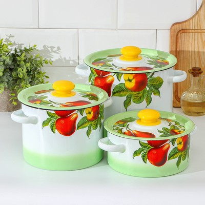 Набор эмалированных кастрюль «Дары лета», 3 шт.: 2 л, 3.5 л, 5.5 л, белый, зелёный