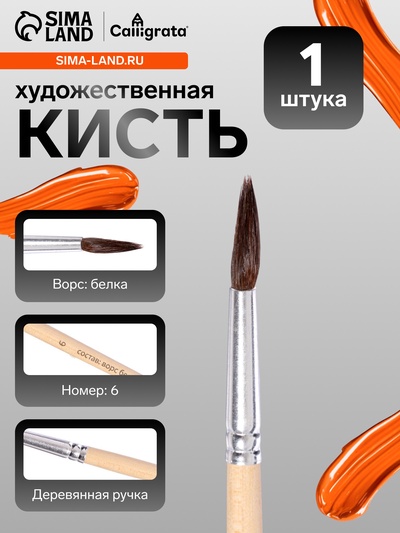 Кисть для рисования, белка, № 6, круглая, деревянная ручка, международный размер