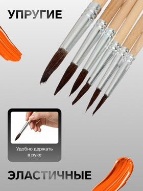 Набор кистей для рисования, белка, 6 штук: № 1, 2, 3, 4, 5, 6, круглые, деревянная ручка, международный размер