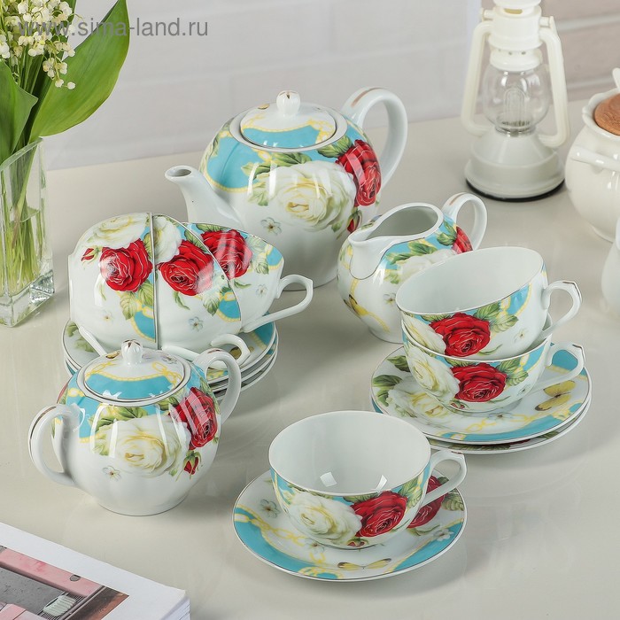 Сервиз чайный "Алая и белая розы": 4 чашек 220 мл, 4 блюдца, чайник 800 мл, молочник УЦЕНКА - Фото 1