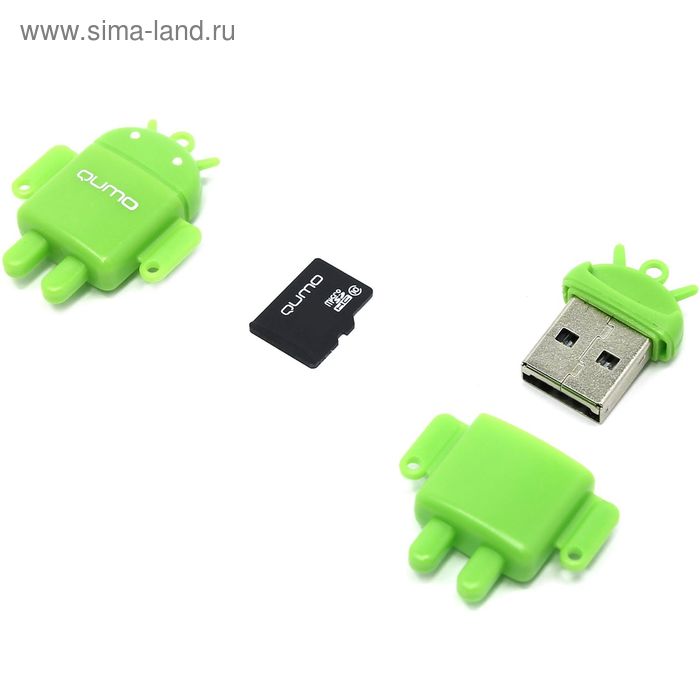 Карта памяти Qumo Fundroid microSD, 8 Гб, SDHC, класс 10, с картридером USB, зеленый - Фото 1