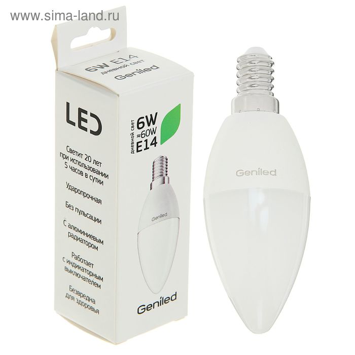 Лампа светодиодная Geniled, C37, 6 Вт, E14, 4200 К, дневной белый - Фото 1