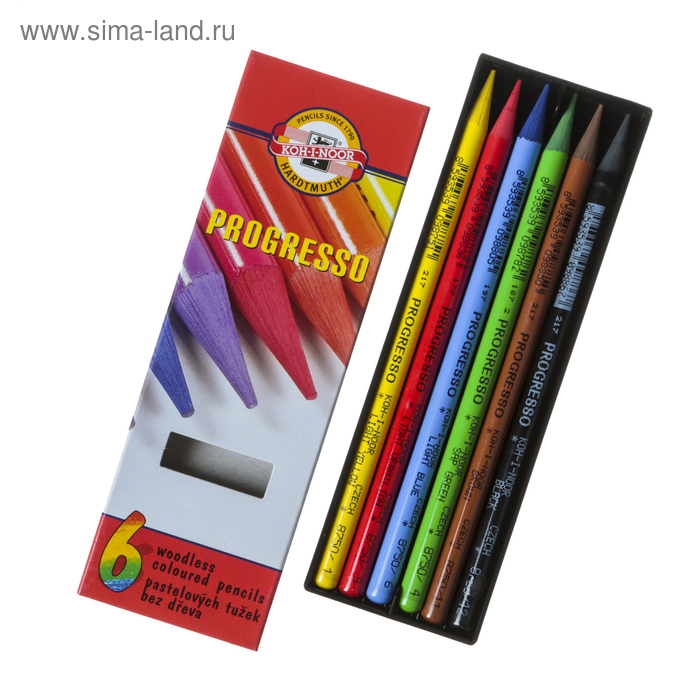Карандаши художественные 6 цветов, Koh-I-Noor PROGRESSO 8755, цветные, цельнографитные, в картонной коробке - Фото 1