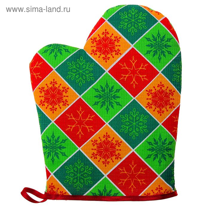 Варежка-прихватка "Доляна" Снежинки 18х26см, зелен 100% хл., вафельное полотно 162 г/м2 - Фото 1