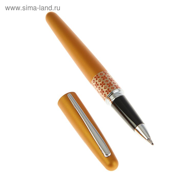 Ручка-роллер MetallicOrange&FlowerRing, узел 0.7 мм черая, оранжево-золотой корпус, в футляре + подарочный пакет - Фото 1