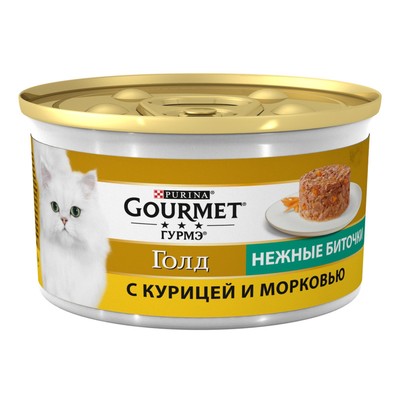 Влажный корм GOURMET GOLD "Нежные биточки" для кошек, курица/морковь, ж/б, 85 г