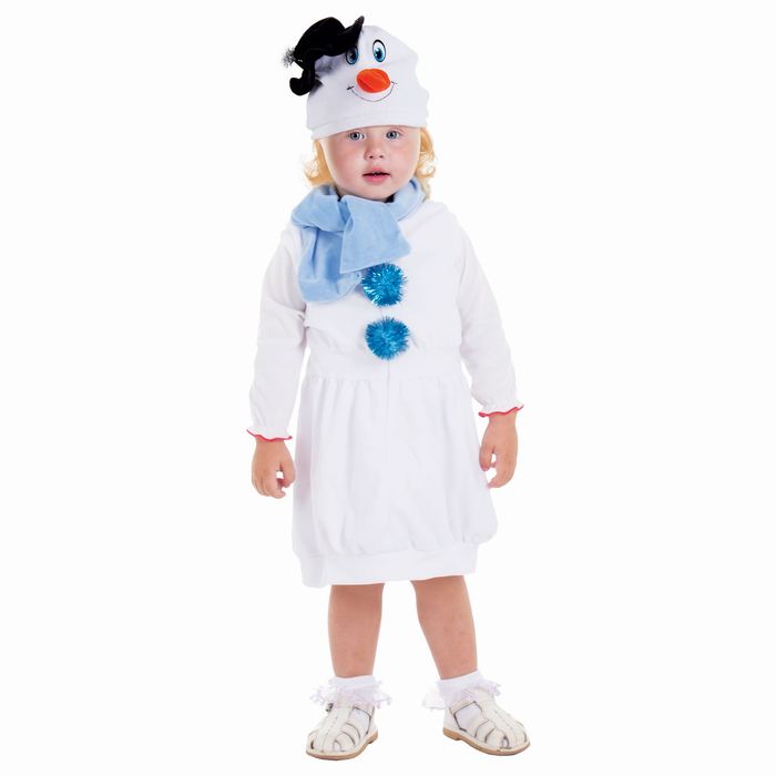 Карнавальный костюм «Белый снеговик в шляпке», велюр, сарафан, шарф, шапка, рост 98 см - фото 1908286730