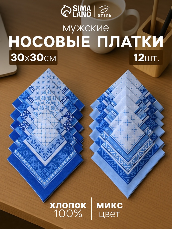 Платки носовые мужские «Этель» размер 30×30 см, (набор 12 шт.,), рисунок МИКС, синие - Фото 1
