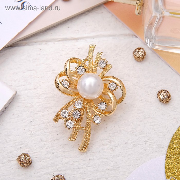 Брошь «Жемчужная классика» цветок, цвет белый в золоте - Фото 1