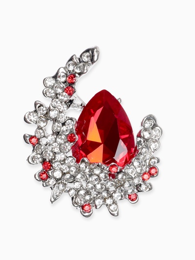 Брошь «Императрица» полумесяц, бело-красная в серебре