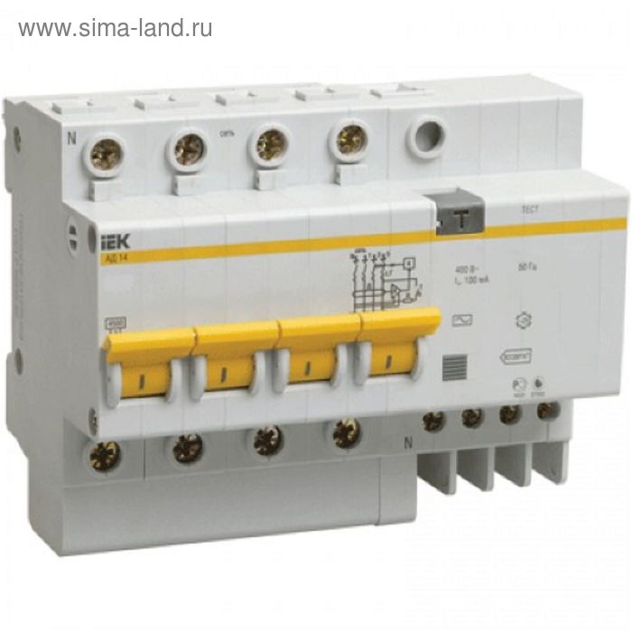 Дифф. автомат IEK, четырехполюсный, 7.5 мод., C 63 А, 30 мА, тип AC, 4.5 кА, АД-14, MAD10-4-063-C-03 - Фото 1