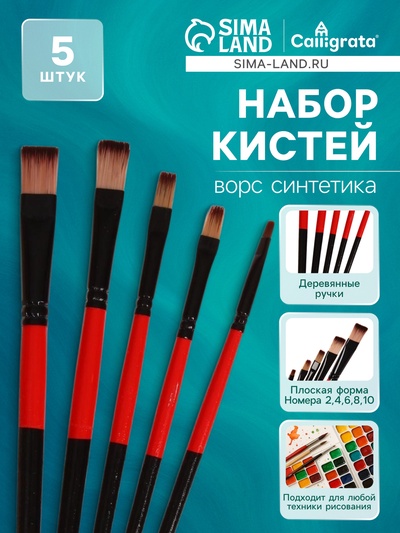 Набор кистей для рисования, нейлон, 5 штук, плоские, прямые, международный размер