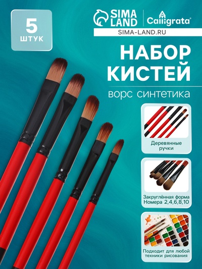 Набор кистей нейлон 5 штук, закругленные, плоские