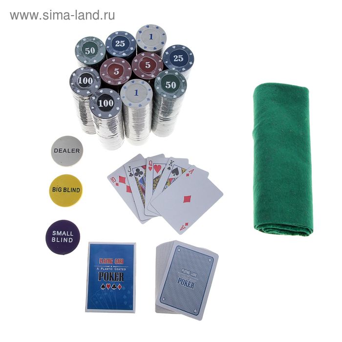 Покер, набор для игры: 500 фишек, карты 2 колоды, сукно, 29х33см УЦЕНКА - Фото 1
