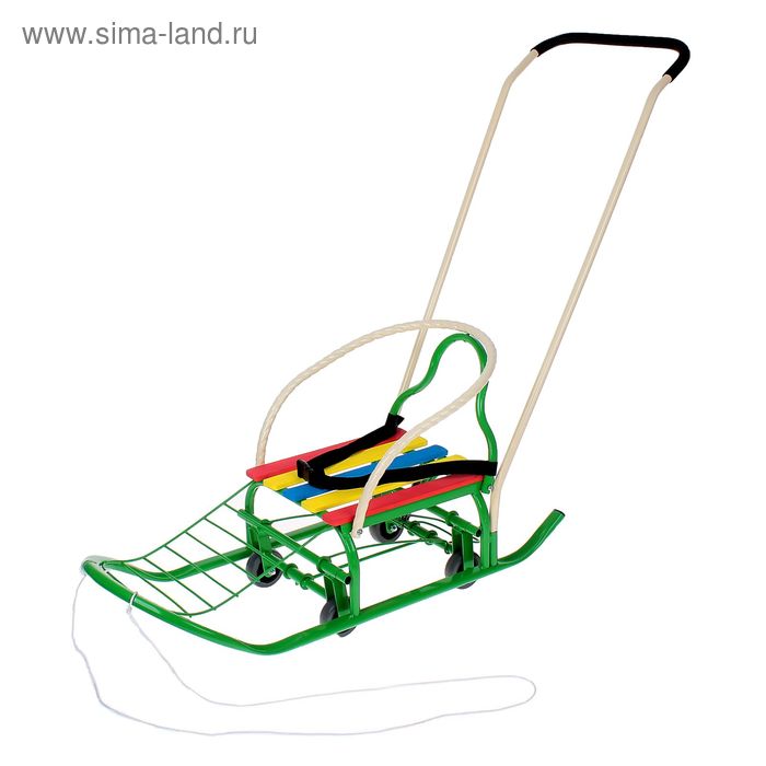Санки «Кирюша-4ВК+» с толкателем, с дополнительной базой колес, цвет: зеленый - Фото 1