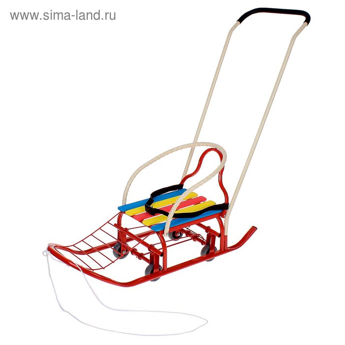 Санки «Кирюша-4ВК+» с толкателем, с дополнительной базой колес, цвет: красный