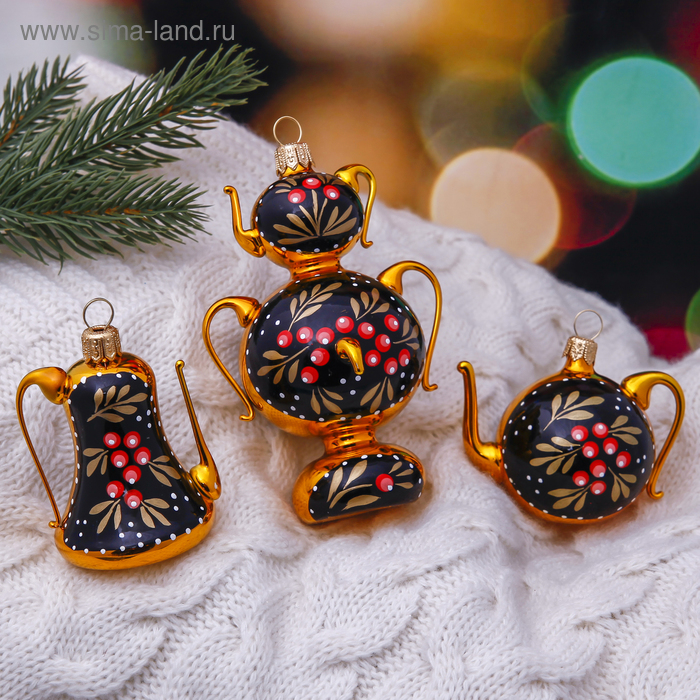 Ёлочные игрушки «Чаепитие», набор: кофейник-6.5 см, самовар-10.5 см, чайник-5 см - Фото 1