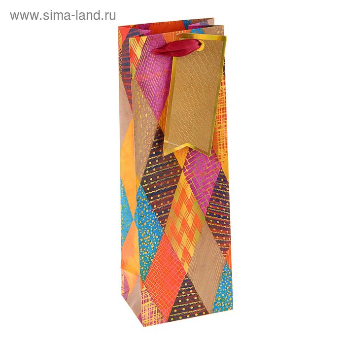 Пакет подарочный под бутылку "Разноцветные ромбы" люкс, 36 х 12 х 8.5 см - Фото 1
