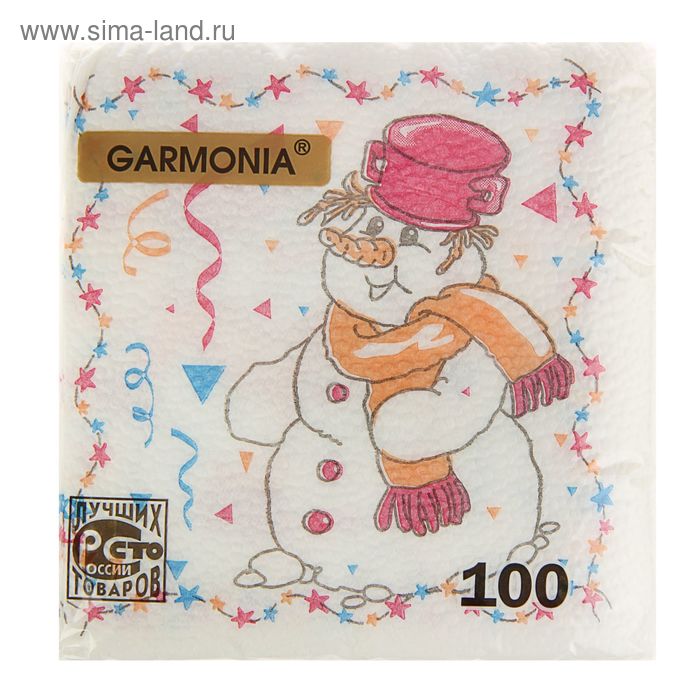 Салфетки бумажные Гармония цвета многоцветие Снеговик с гирляндой, 100 л - Фото 1