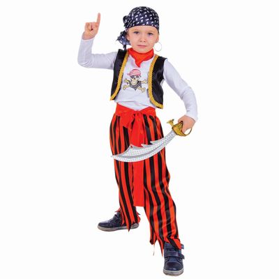 Карнавальный костюм "Пират", джемпер, брюки, пояс, маска, бандана, наглазник, клипса, сабля, р-р 32, рост 128 см