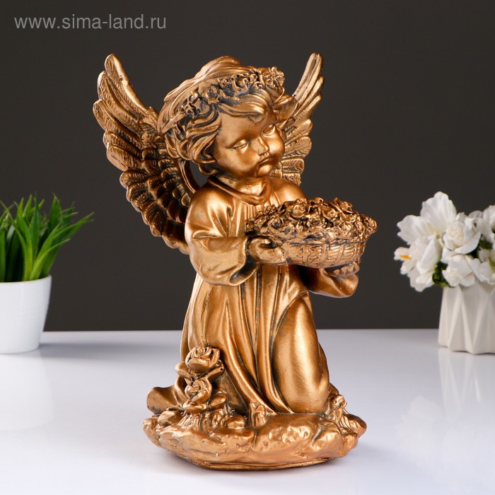 Фигура "Ангел с чашей цветов" бронза 20х17х32см - Фото 1