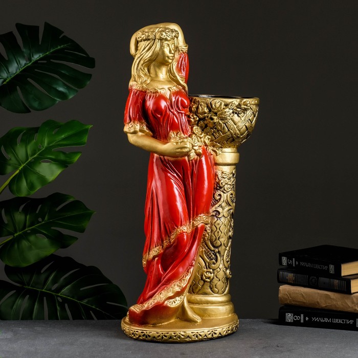 Фигура с кашпо "Девушка у колонны" бронза, красный, 0,8л / 24х64х25см - Фото 1