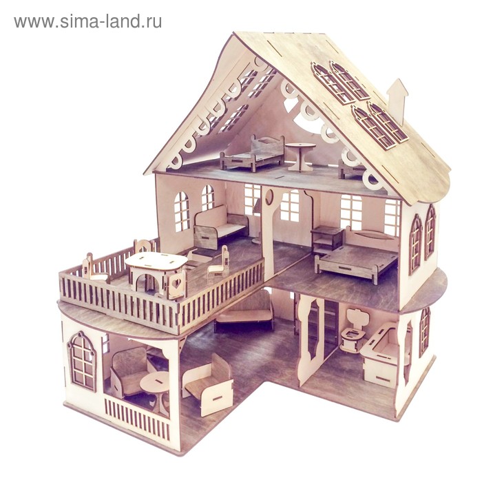 Кукольный домик, 2 этажа с мансардой, балконом и мебелью - Фото 1
