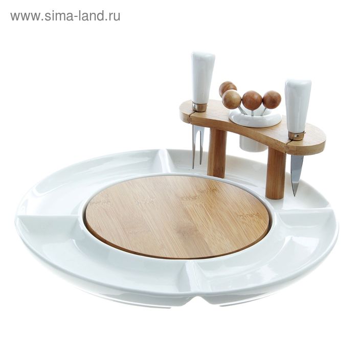 УЦЕНКА набор для сырного ассорти и канапе "Эстет" (2 ножа, 4 шпажки, доска для нарезки) - Фото 1