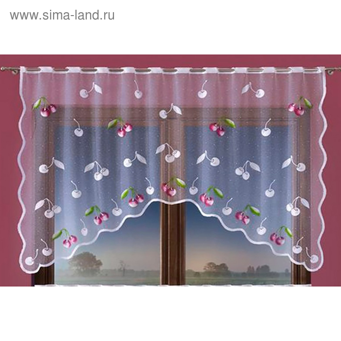 Штора для кухни Wisienki 220х120 см цв.белый, на люверсах, пэ 100% - Фото 1