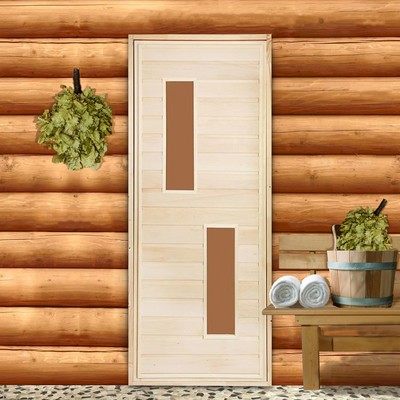 Дверь для бани и сауны «Два стекла», 180×80 см по коробке, липа, Добропаровъ