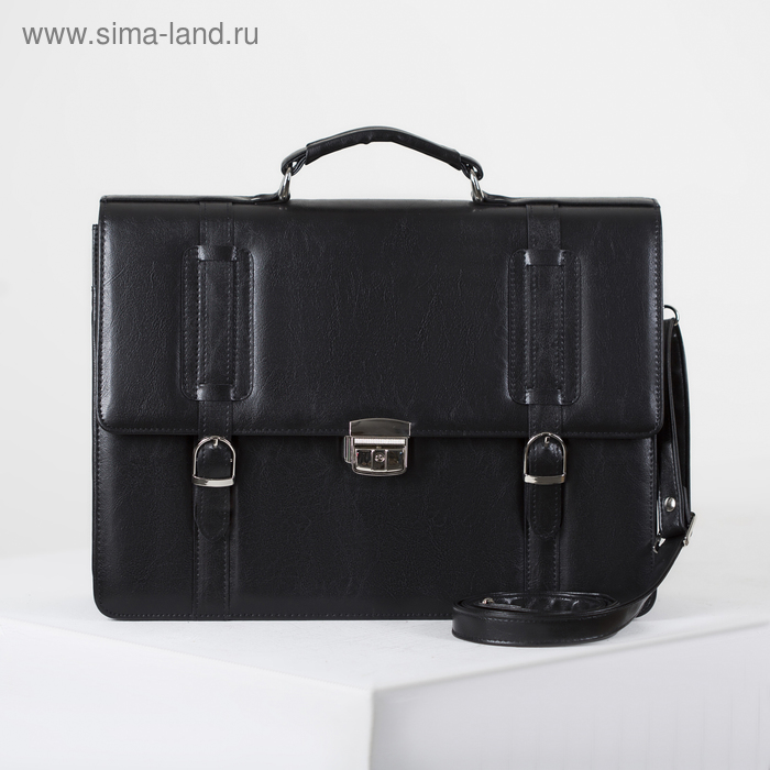 Сумка-портфель мужская на молнии, 3 отдела, длинный ремень, цвет чёрный - Фото 1